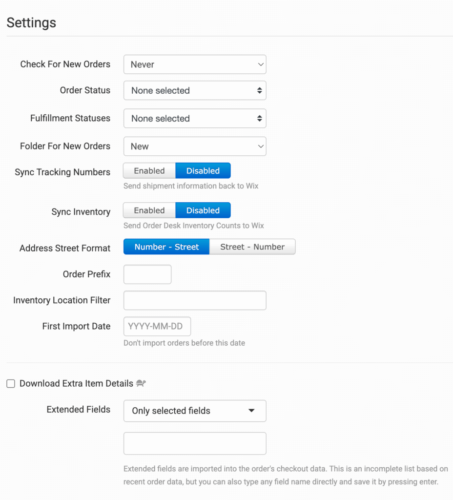 Wix integration settings in Order Desk