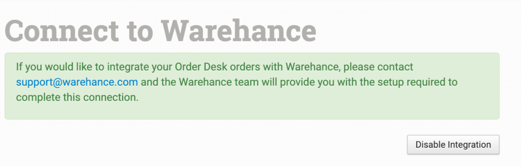 Warehance connection information in Order Desk