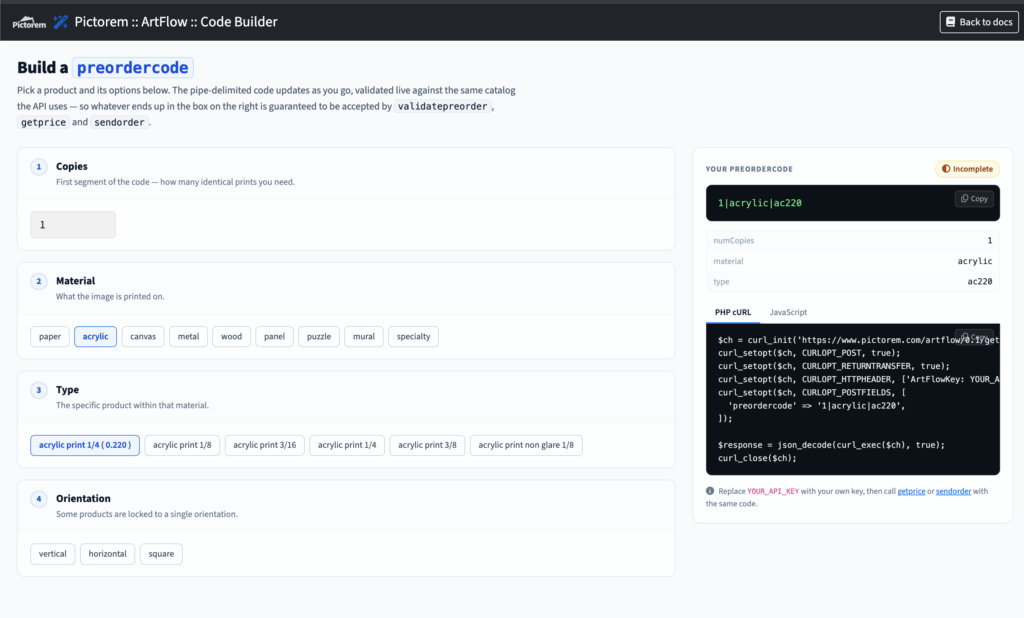 Pictorem Product Code Builder button in Order Desk